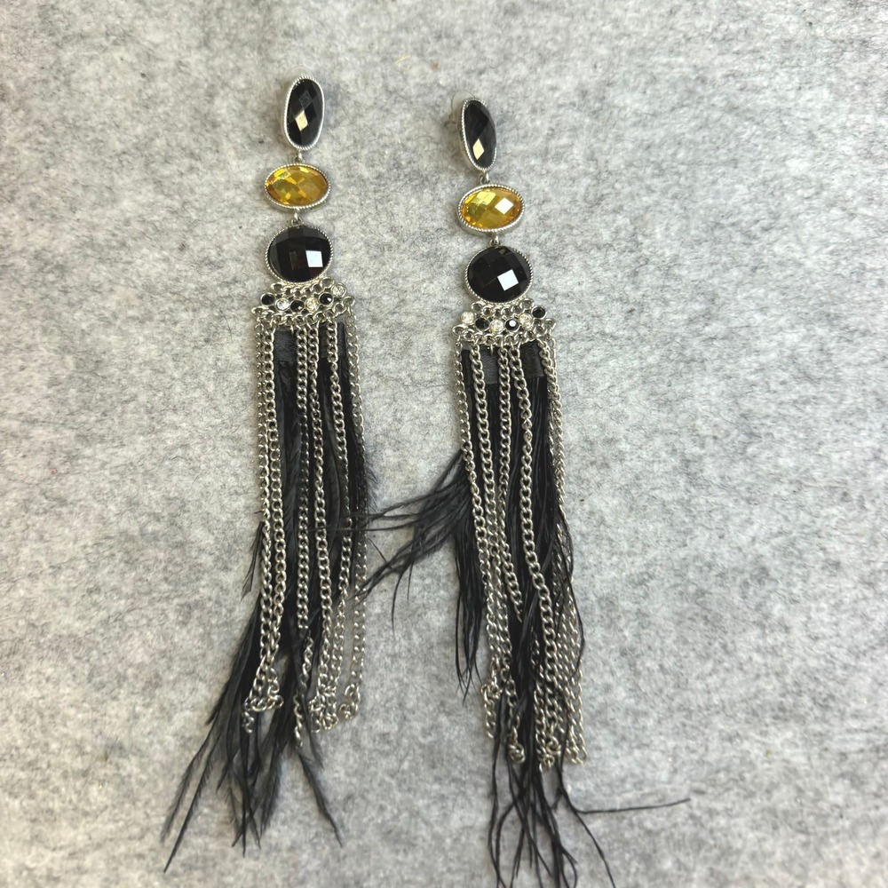 Boho Black Feather and Chain Drop Earrings Silver Tone Amber Crystal Statement